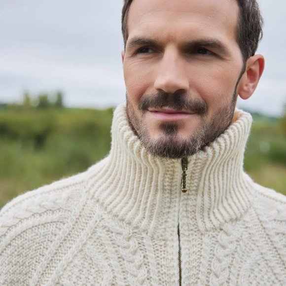 BLARNEY WOOLLEN MILLS ARANS - Hand-Knit Full Zip Aran Cardigan White Size 3XL - Picture 3 of 11